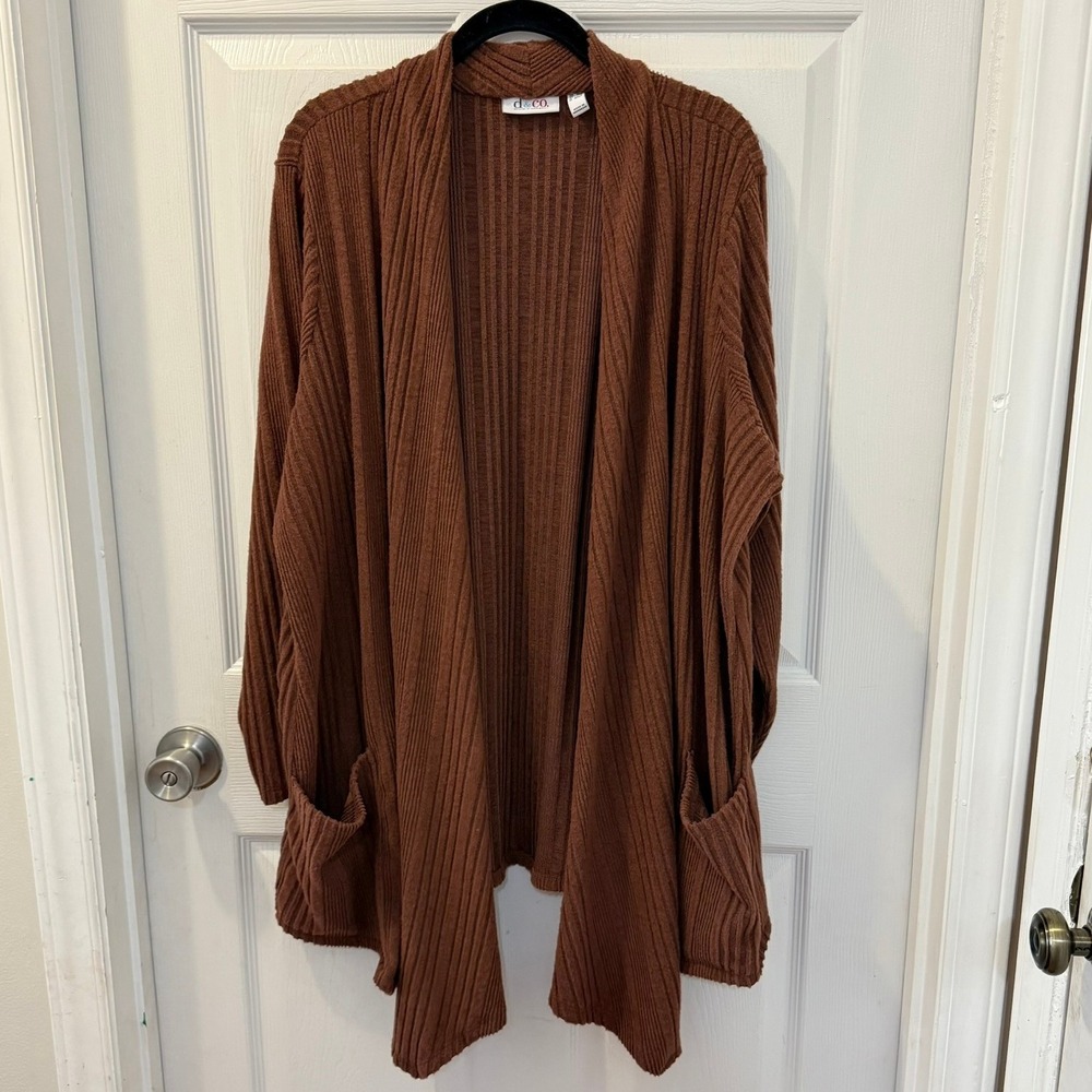Denim & Co. Women's‎ Plus Size 2XP Brown Brushed Ribbed Knit Open Front Cardigan